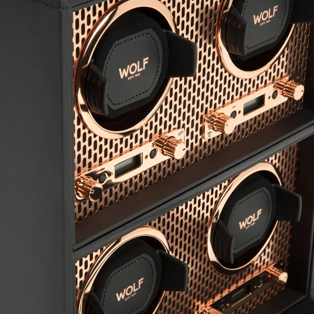 Luxus-Uhrenbeweger Axis 4 Uhren kupferbeschichtet – Premium-Uhrenaufbewahrung, modernes und edles Design, Safe-Storage-Lösung für vier exklusive Zeitmesser, High-Class-Accessoire für anspruchsvolle Uhrenliebhaberinnen und Uhrenliebhaber, erhältlich bei Juwelier und Goldschmied Schroll in Kitzbühel Tirol oder online.