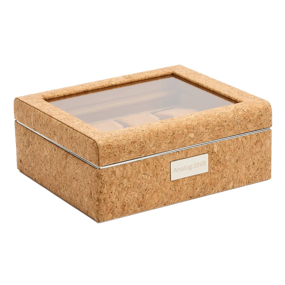 WOLF Analog Shift Uhrenbox 8pc Kork – exklusive Sammlerbox, hochwertige Verarbeitung, elegante Aufbewahrung und Organisation für acht Luxusuhren, Bestseller bei Google für nachhaltige Uhrenboxen, erhältlich bei Juwelier und Goldschmied Schroll in Kitzbühel Tirol oder online.