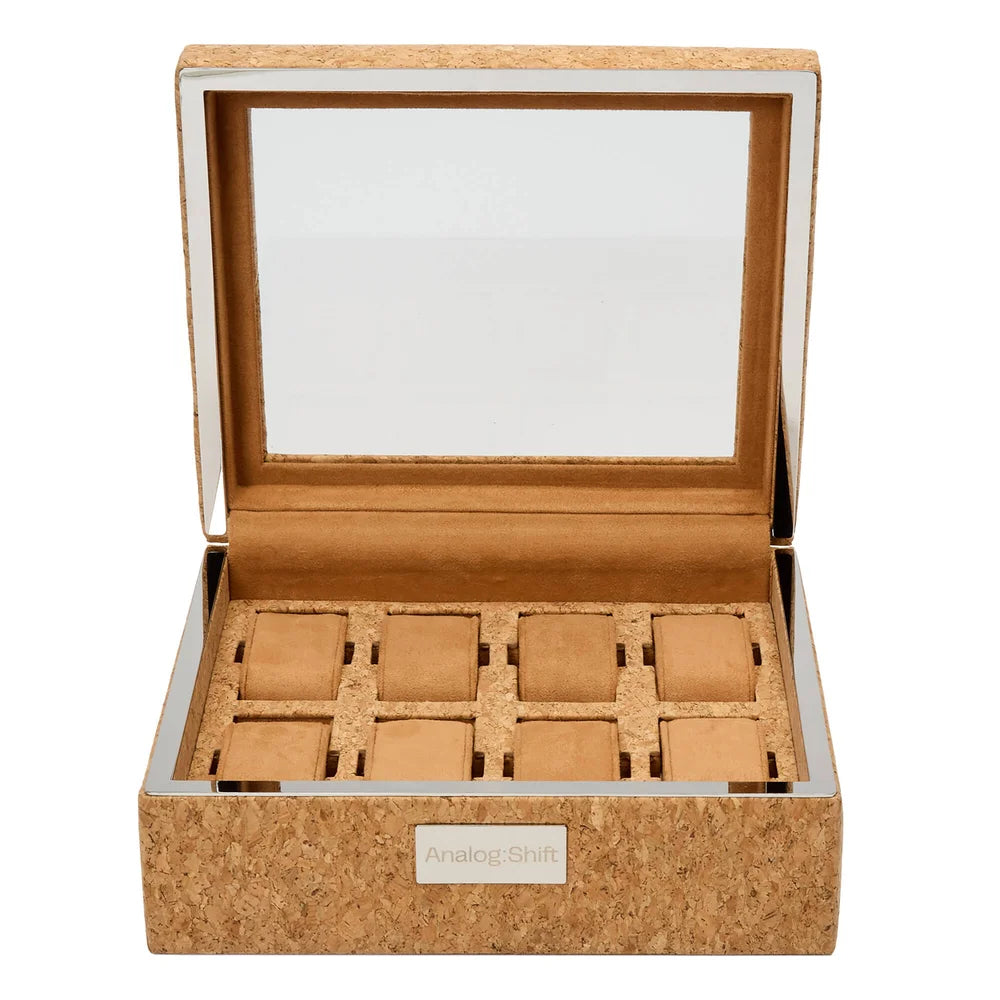Luxus-Uhrenbox WOLF Analog Shift 8pc Kork – Premium-Uhrenetui, nachhaltiges Design, sichere Aufbewahrung für Rolex, Omega, Breitling und andere Top-Marken, exklusives Accessoire für Uhrenliebhaber, erhältlich bei Juwelier und Goldschmied Schroll in Kitzbühel Tirol oder online.