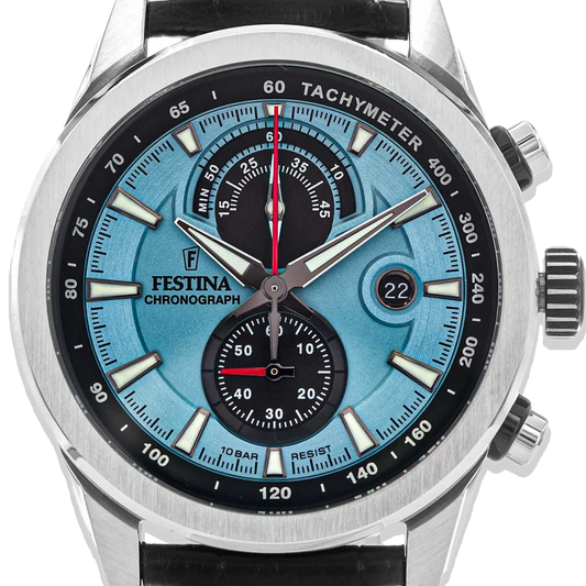 Festina Timeless Chronograph Herren F20695/2 Hellblau Lederarmband
