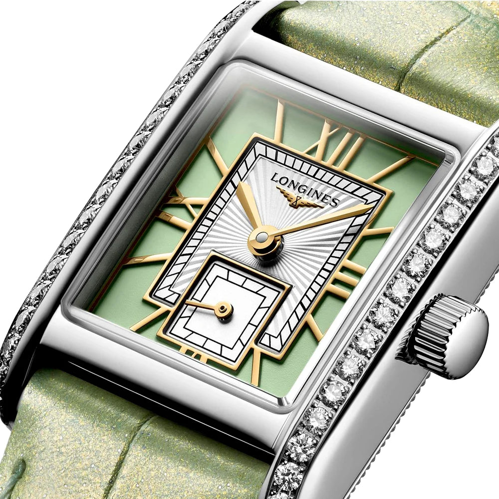 Exklusive Longines Mini DolceVita – Edelstahlgehäuse, Diamanten, grünes Lederarmband