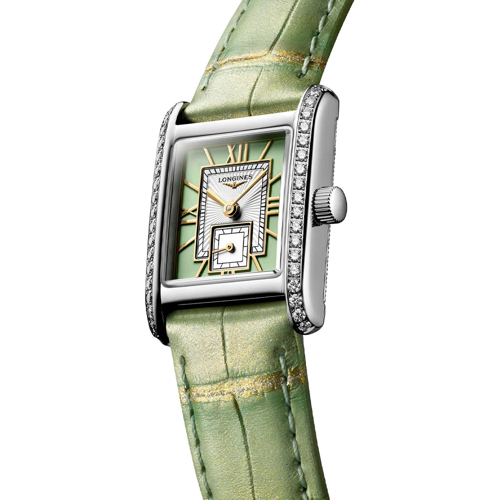 Elegante Longines Damenarmbanduhr – Grünes Zifferblatt, Saphirglas, exklusives Design