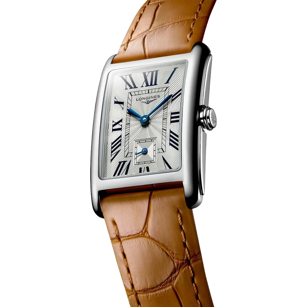 Exklusive Longines DolceVita Damenuhr – Beiges Zifferblatt, rechteckiges Edelstahlgehäuse, Swiss Made bei Juwelier Schroll in Tirol