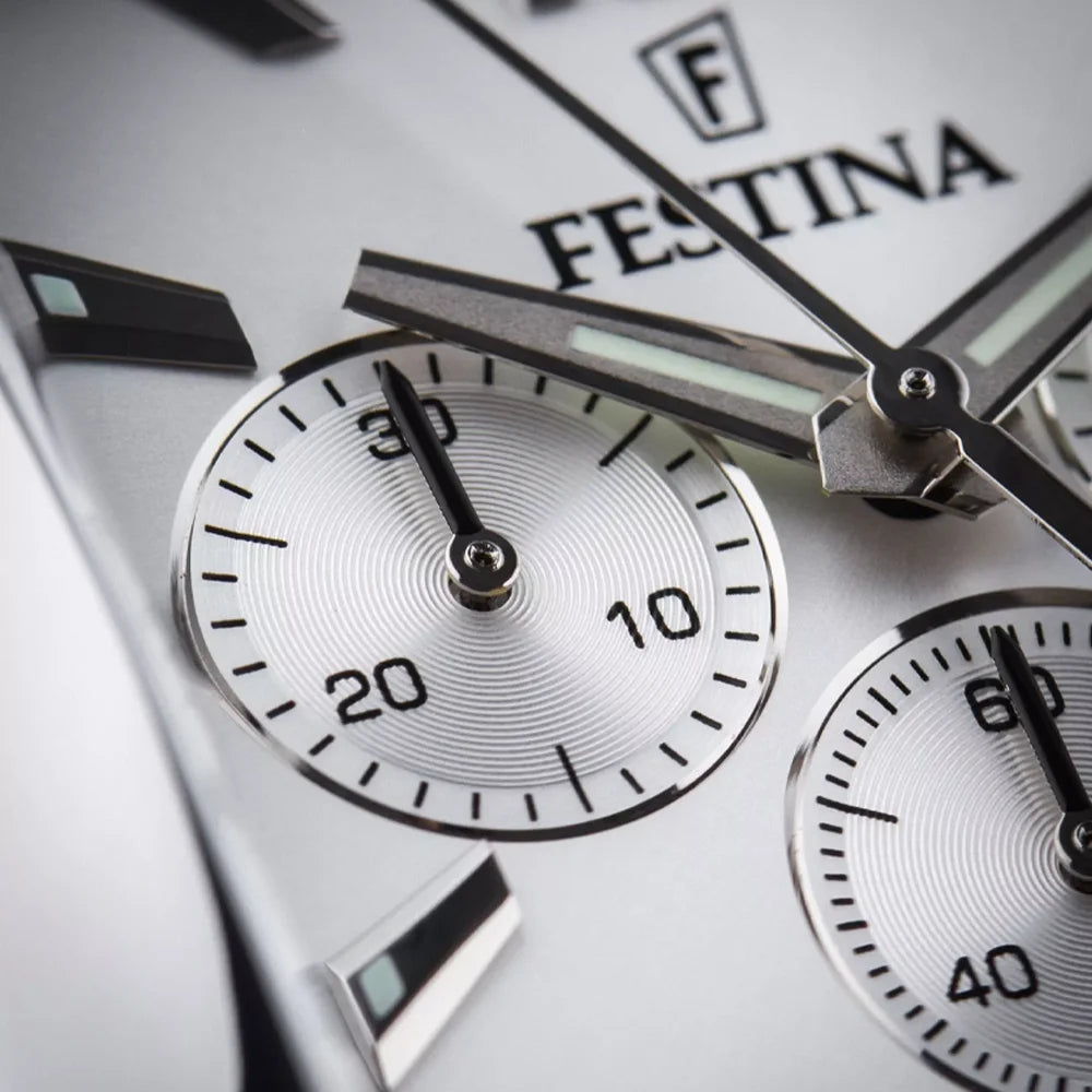 Festina F20636/1 – Markante Luxus Herrenuhr mit weißem Zifferblatt und braunem Lederarmband, sicher online kaufen bei Juwelier Tirol