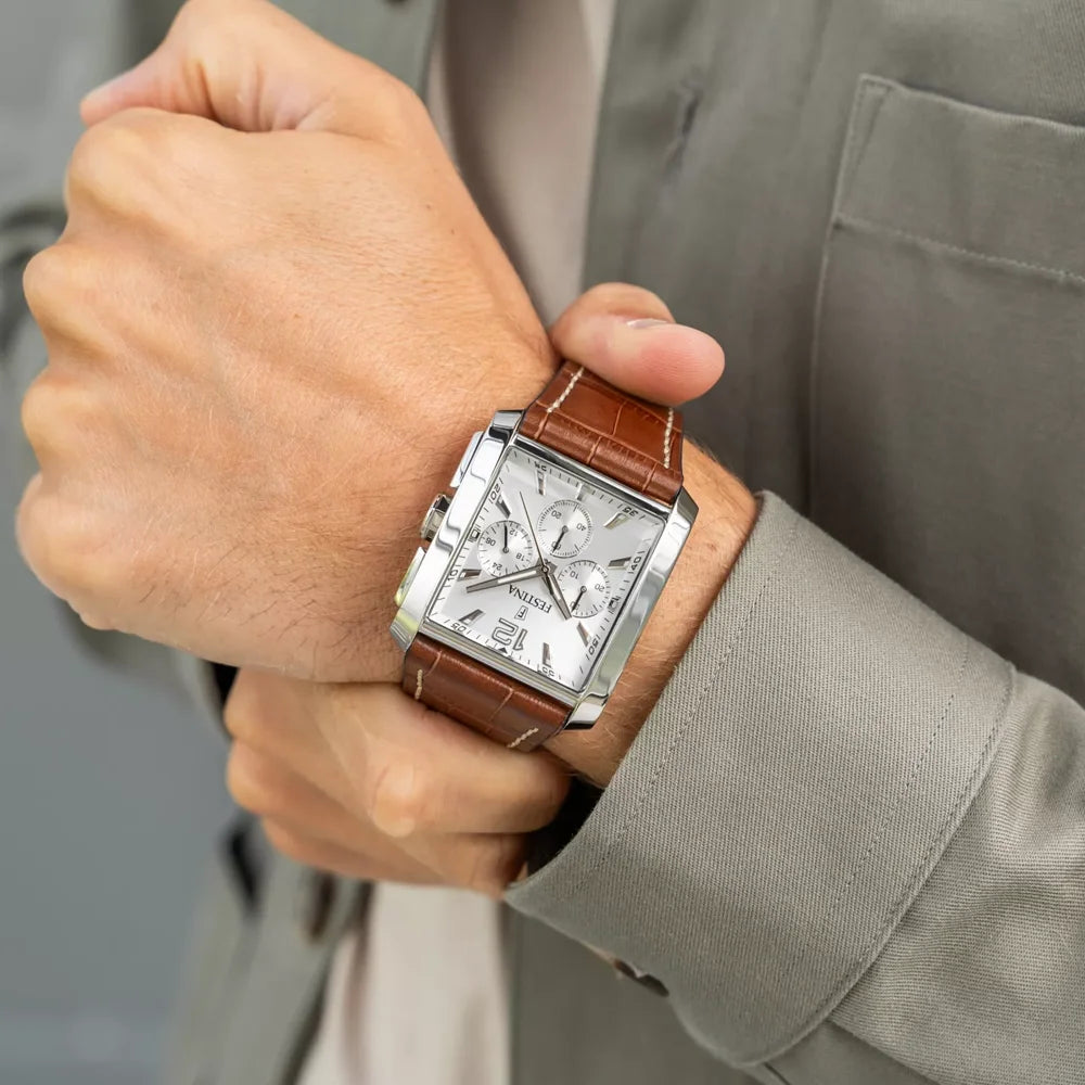 Festina F20636/1 – Markante Luxus Herrenuhr mit weißem Zifferblatt und braunem Lederarmband, sicher online kaufen bei Juwelier Tirol