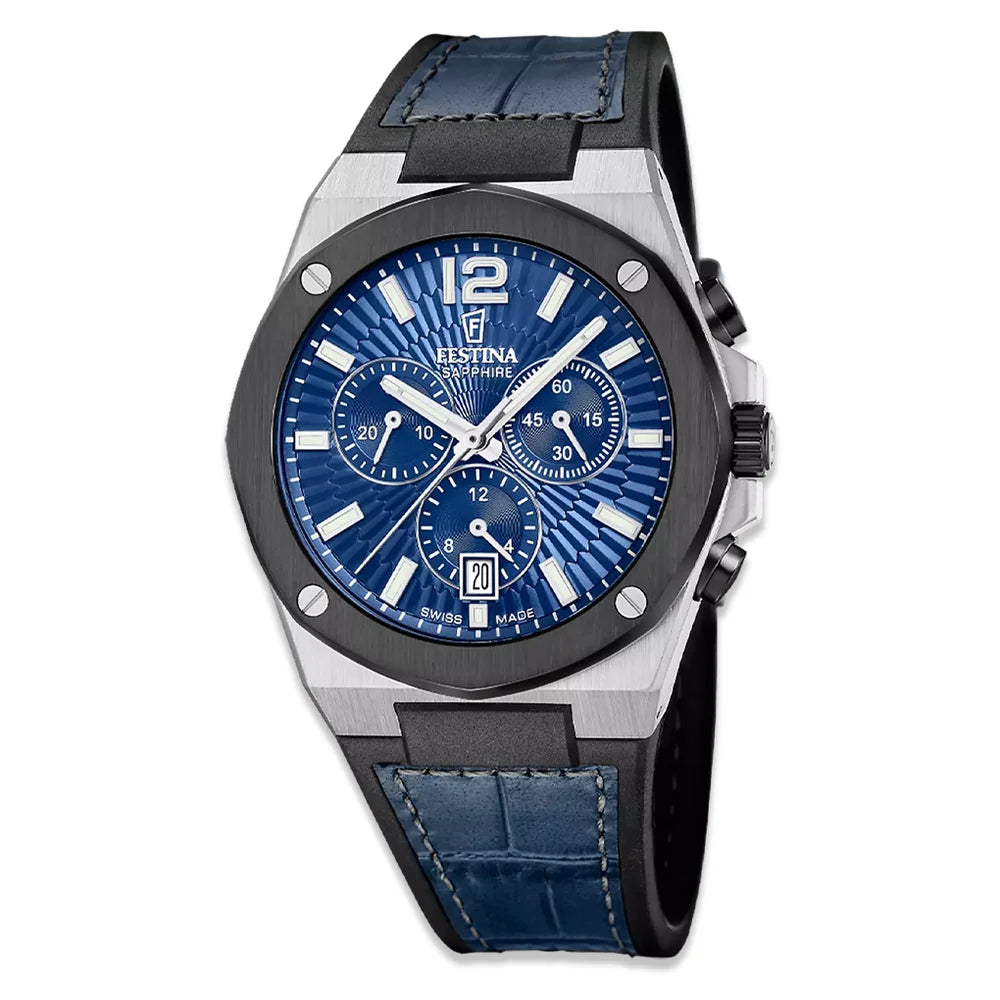 Festina Swiss Made Herrenuhr Vallee Blau – Band Blau, Ziffernblatt Blau, Gehäuse gebürsteter Stahl – Luxus Herrenuhr sicher online im Juwelier Tirol Shop kaufen