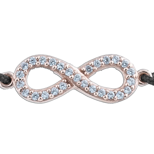 KitzSpirit© Unendlich-Zeichen Glücksarmbändchen mit Zirkonia in Rosé Gold vergoldet - Band Schwarz