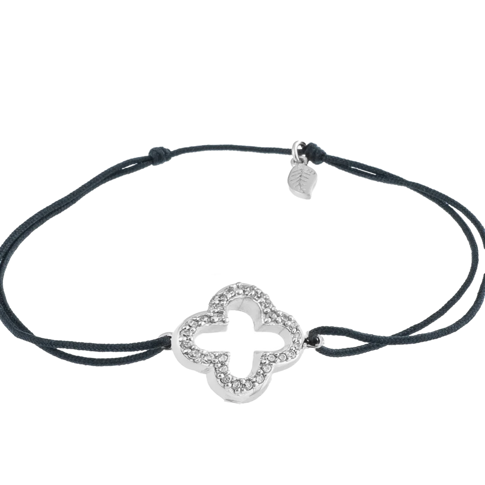 KitzSpirit© Glücksarmbändchen mit Kleeblatt mit Zirkonia in Silber - Band Schwarz