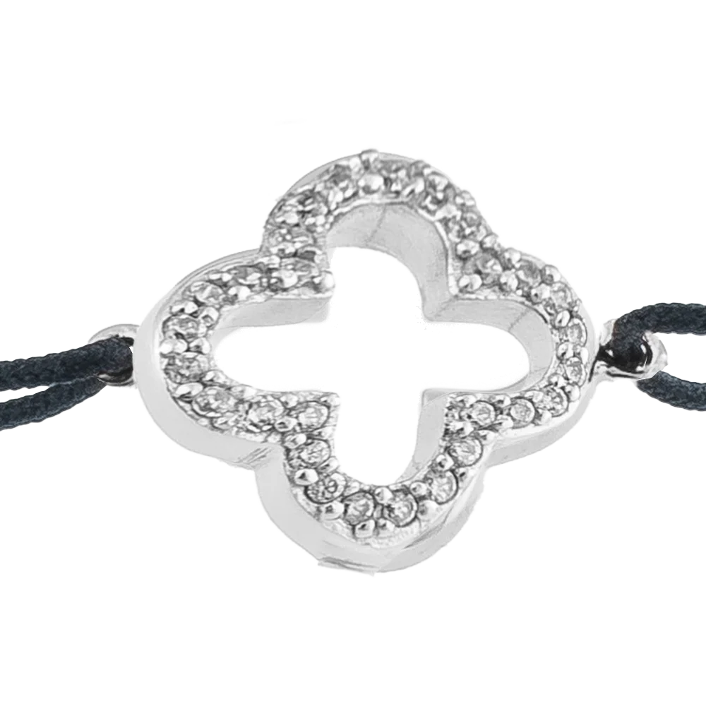 KitzSpirit© Glücksarmbändchen mit Kleeblatt mit Zirkonia in Silber - Band Schwarz