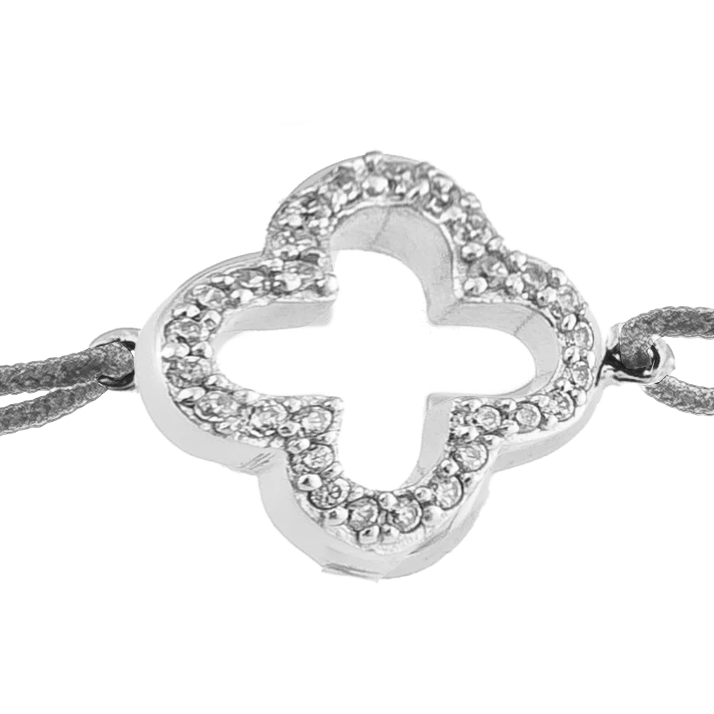 KitzSpirit© Glücksarmbändchen mit Kleeblatt mit Zirkonia in Silber - Band Grau