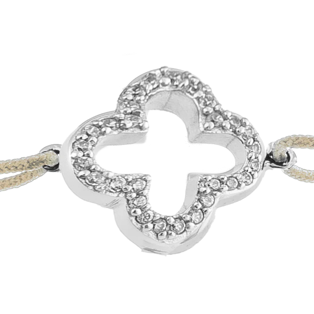 KitzSpirit© Glücksarmbändchen mit Kleeblatt mit Zirkonia in Silber - Band Beige
