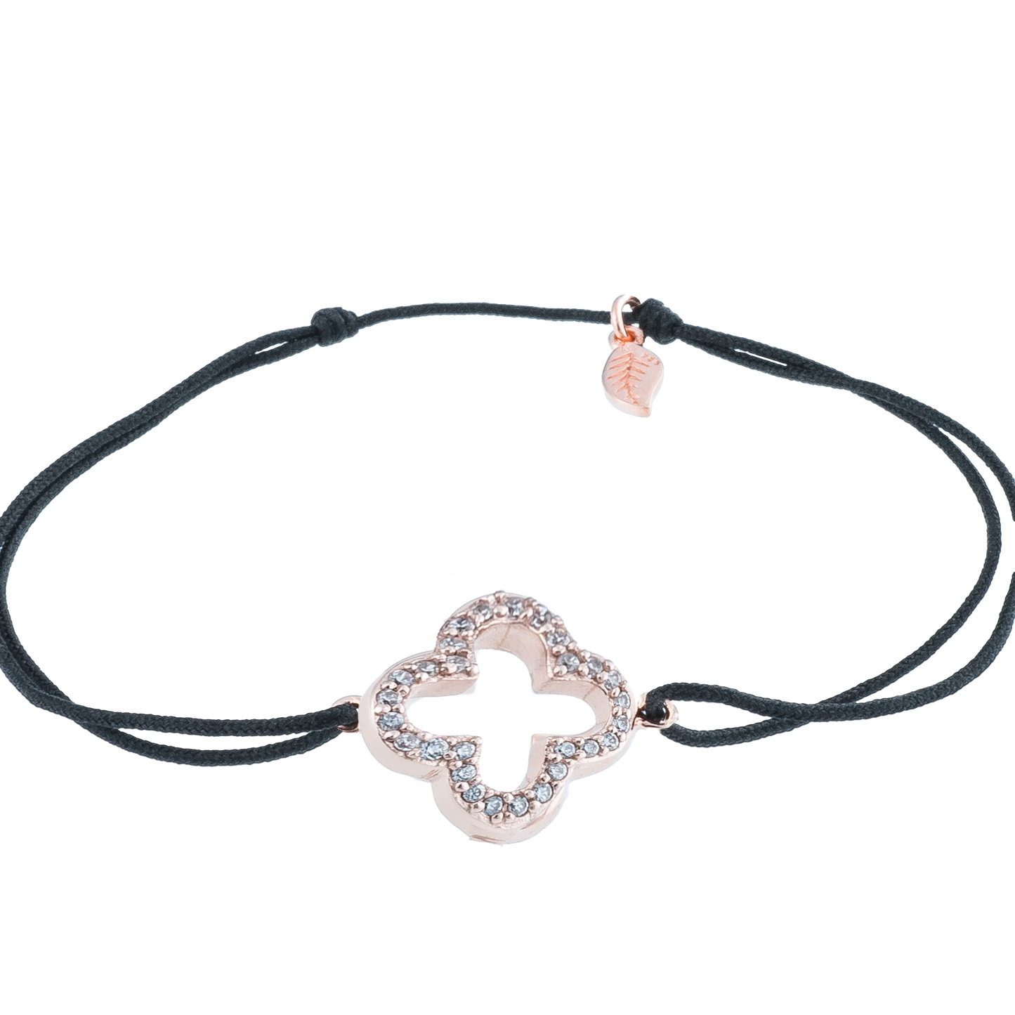 KitzSpirit© Glücksarmbändchen mit Kleeblatt mit Zirkonia in Rosé Gold vergoldet - Band Schwarz