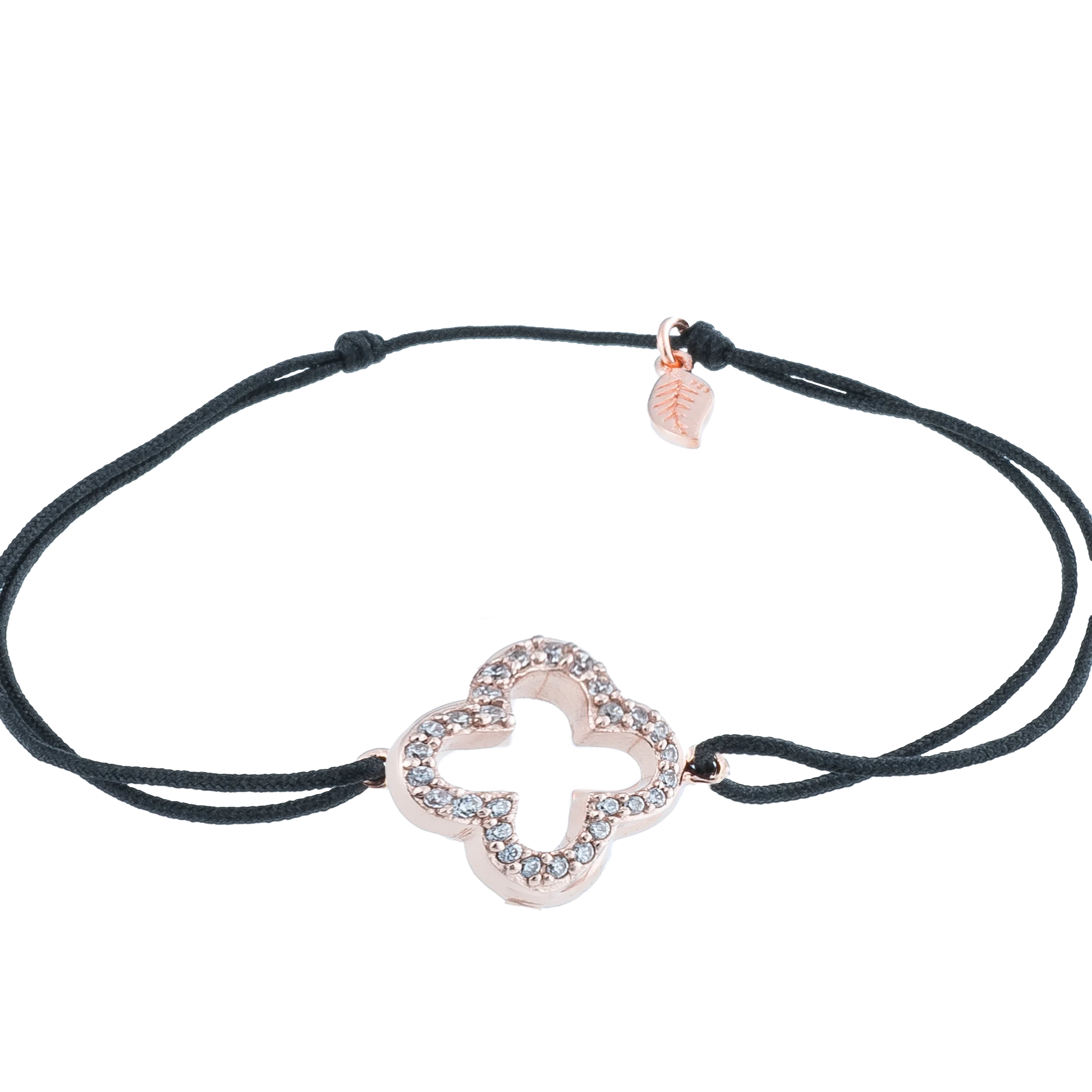 KitzSpirit© Glücksarmbändchen mit Kleeblatt mit Zirkonia in Rosé Gold vergoldet - Band Schwarz