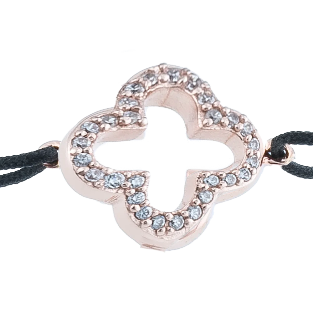 KitzSpirit© Glücksarmbändchen mit Kleeblatt mit Zirkonia in Rosé Gold vergoldet - Band Schwarz