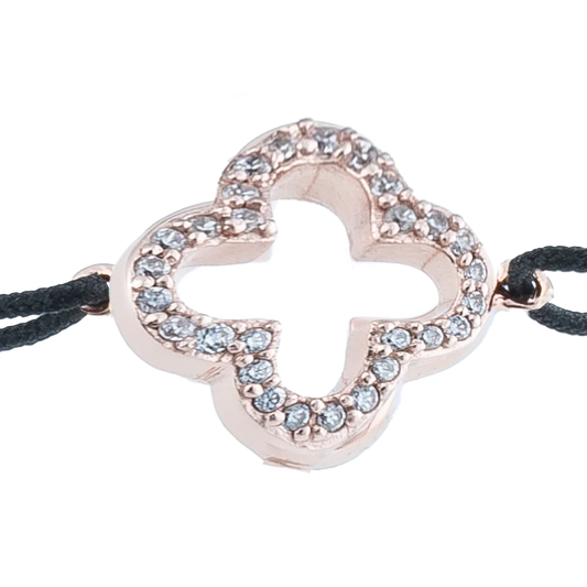 KitzSpirit© Glücksarmbändchen mit Kleeblatt mit Zirkonia in Rosé Gold vergoldet - Band Schwarz