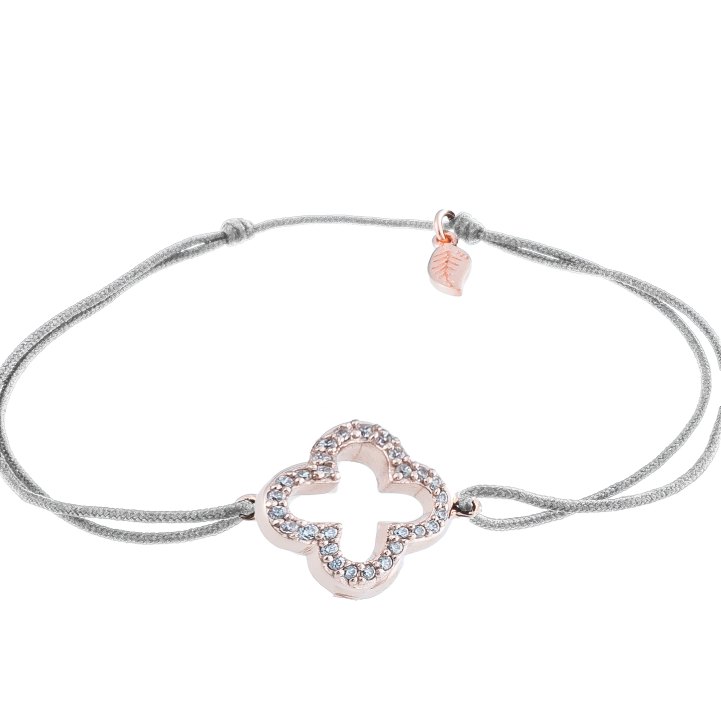 KitzSpirit© Glücksarmbändchen mit Kleeblatt mit Zirkonia in Rosé Gold vergoldet - Band Grau