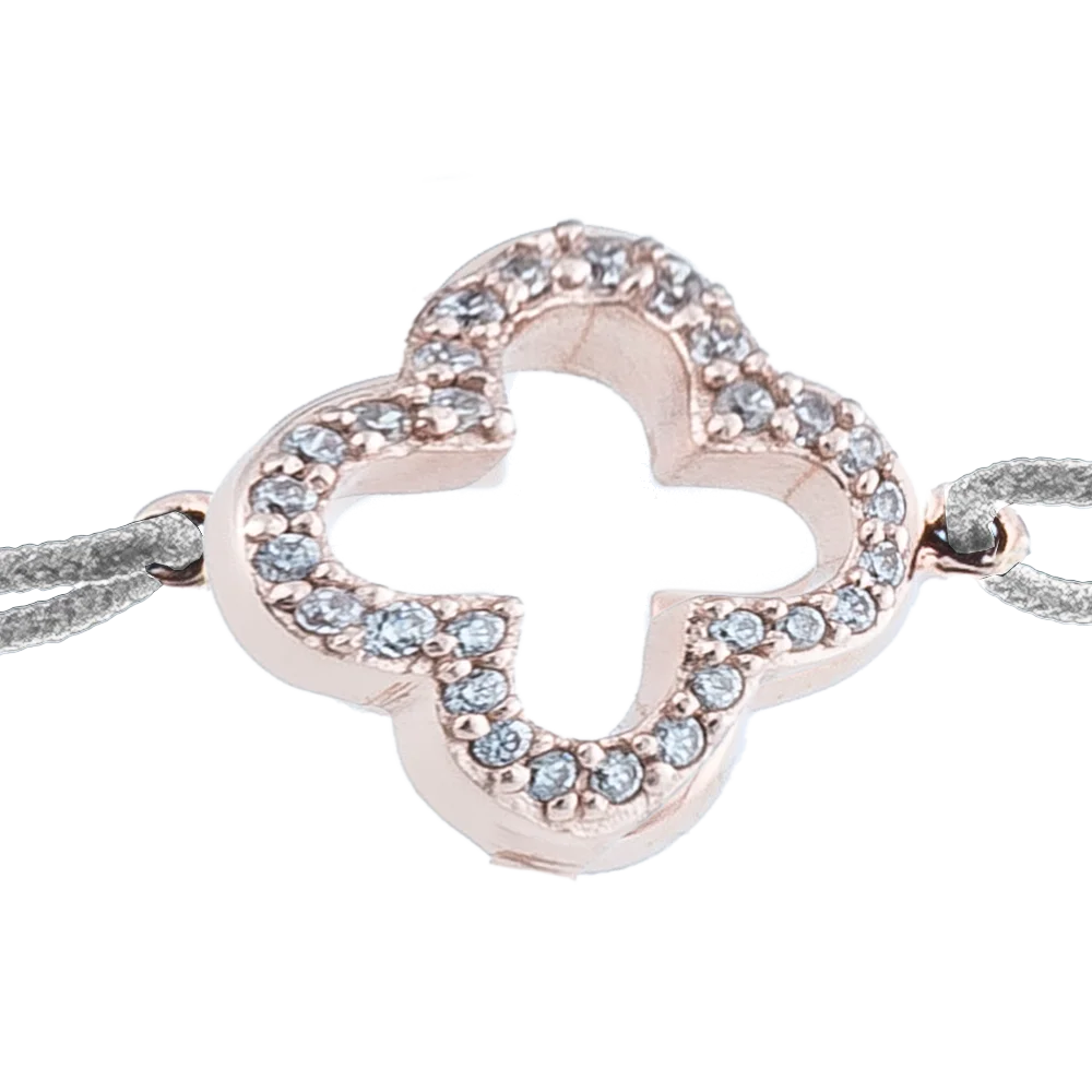 KitzSpirit© Glücksarmbändchen mit Kleeblatt mit Zirkonia in Rosé Gold vergoldet - Band Grau