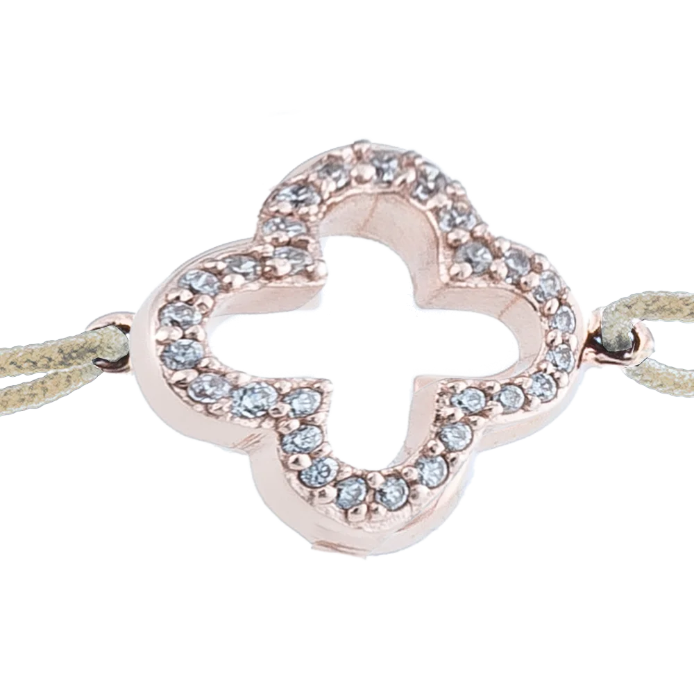 KitzSpirit© Glücksarmbändchen mit Kleeblatt mit Zirkonia in Rosé Gold vergoldet - Band Beige