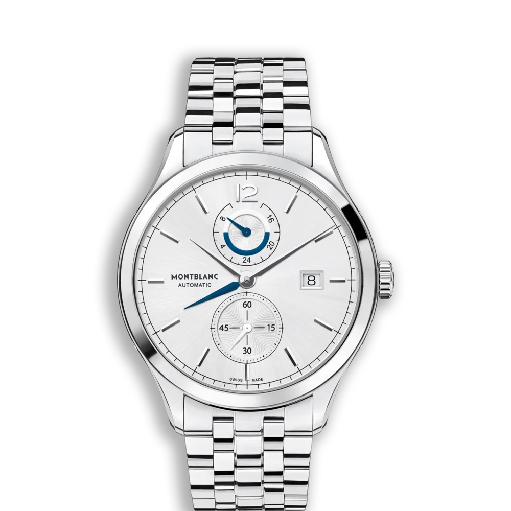 Exquisite Montblanc Dual Time Automatikuhr – silbernes Zifferblatt, blaue Zeiger, High-End Design und edle Verarbeitung, Montblanc Boutique Kitzbühel