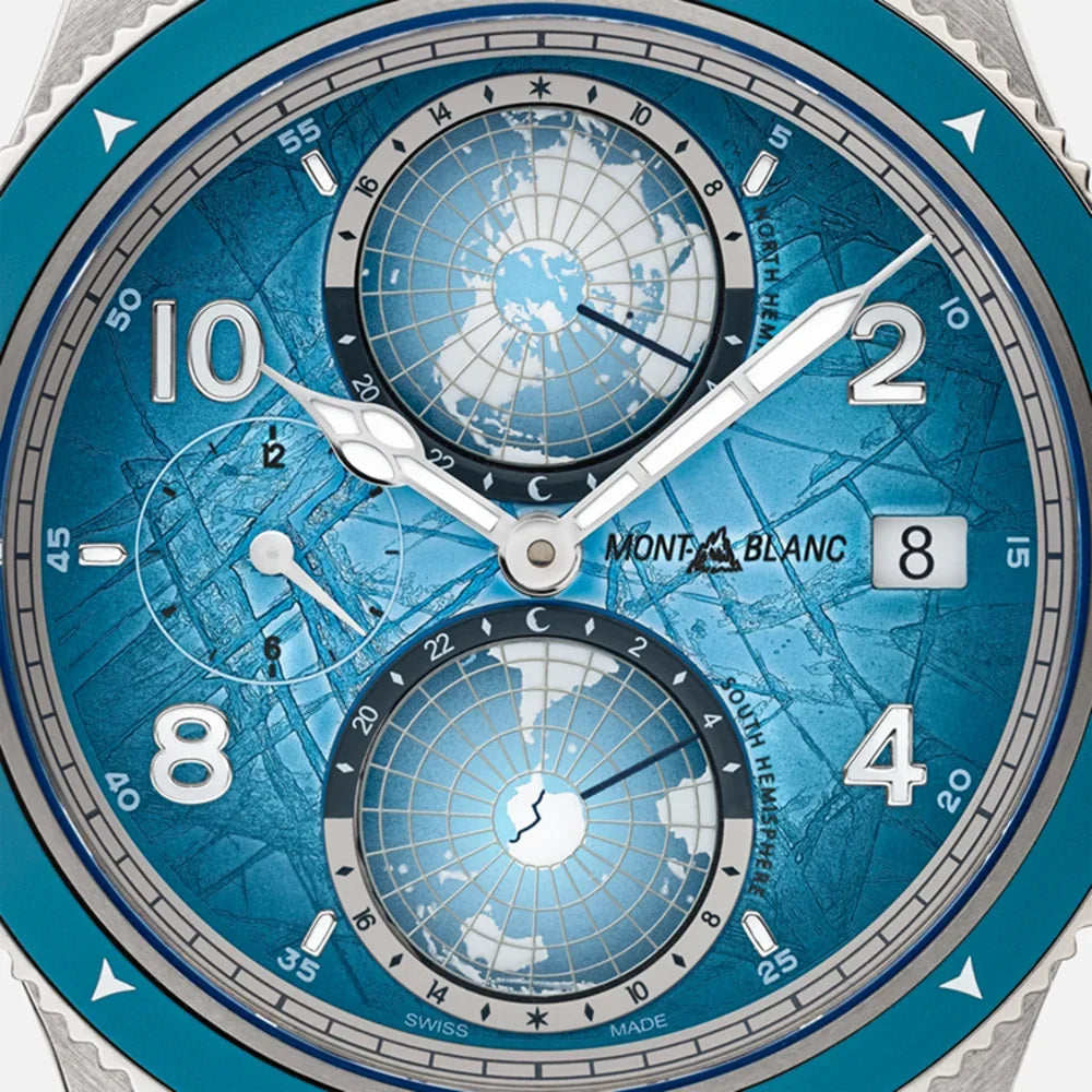 Weltzeitfunktion und leuchtende Zeiger der Montblanc South Pole Limited Edition, exklusiv bei Montblanc Boutique Kitzbühel