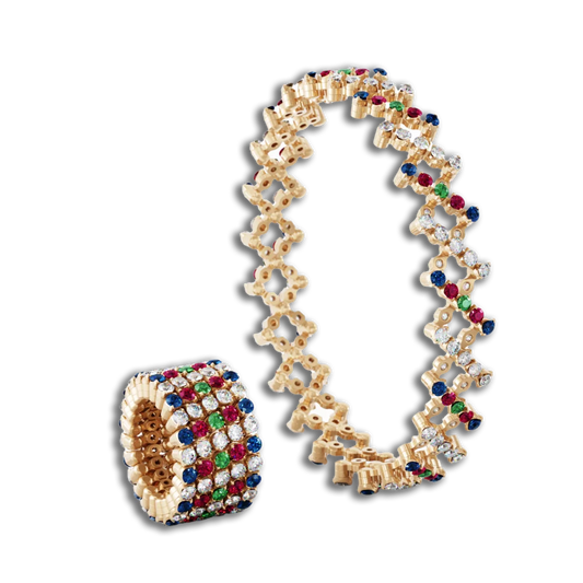 Ring Bracelet • 5 Reihen voll besetzt • Diamanten, Saphire, Rubine - Multicolor • Roségold