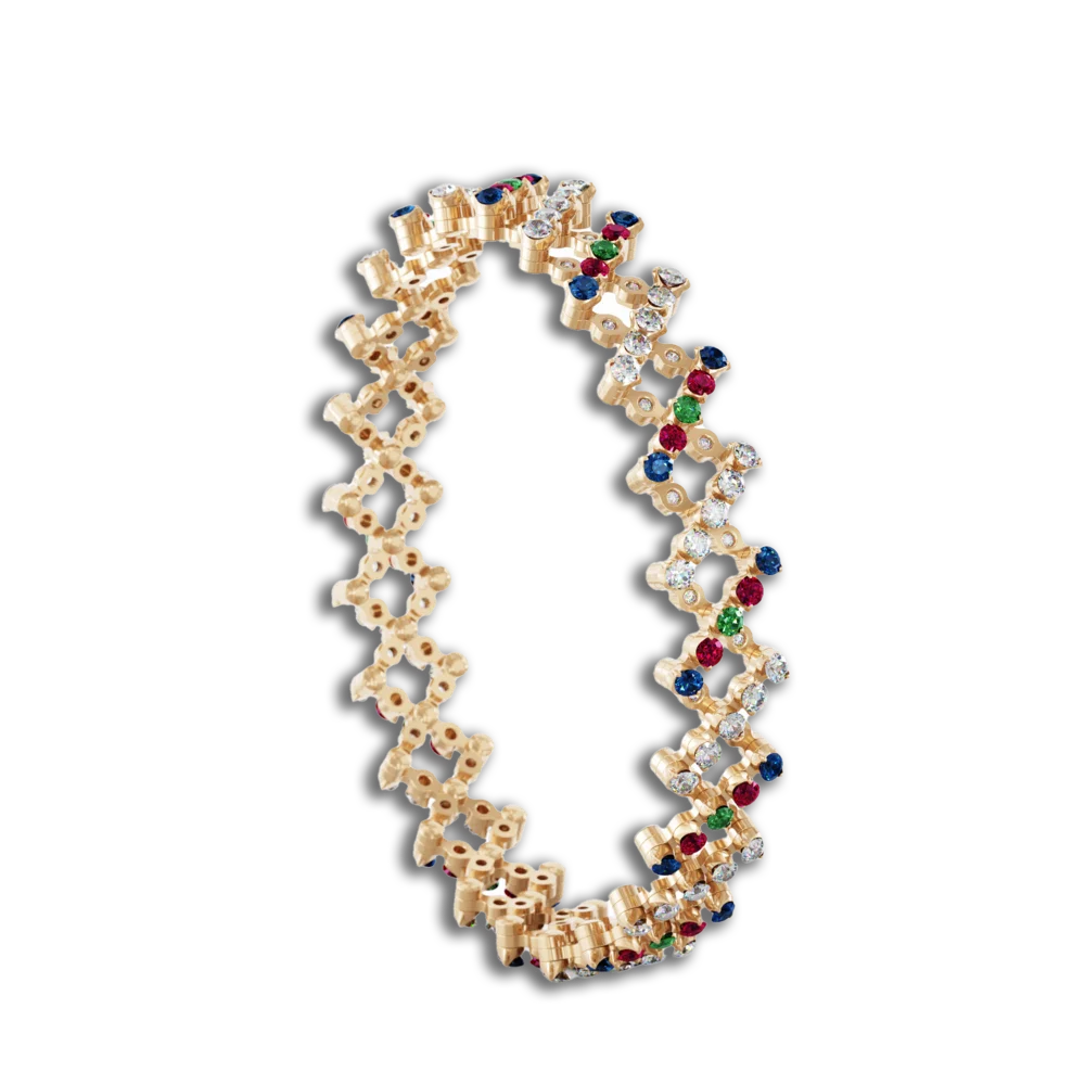 Ring Bracelet • 5 Reihen voll besetzt • Diamanten, Saphire, Rubine - Multicolor • Roségold