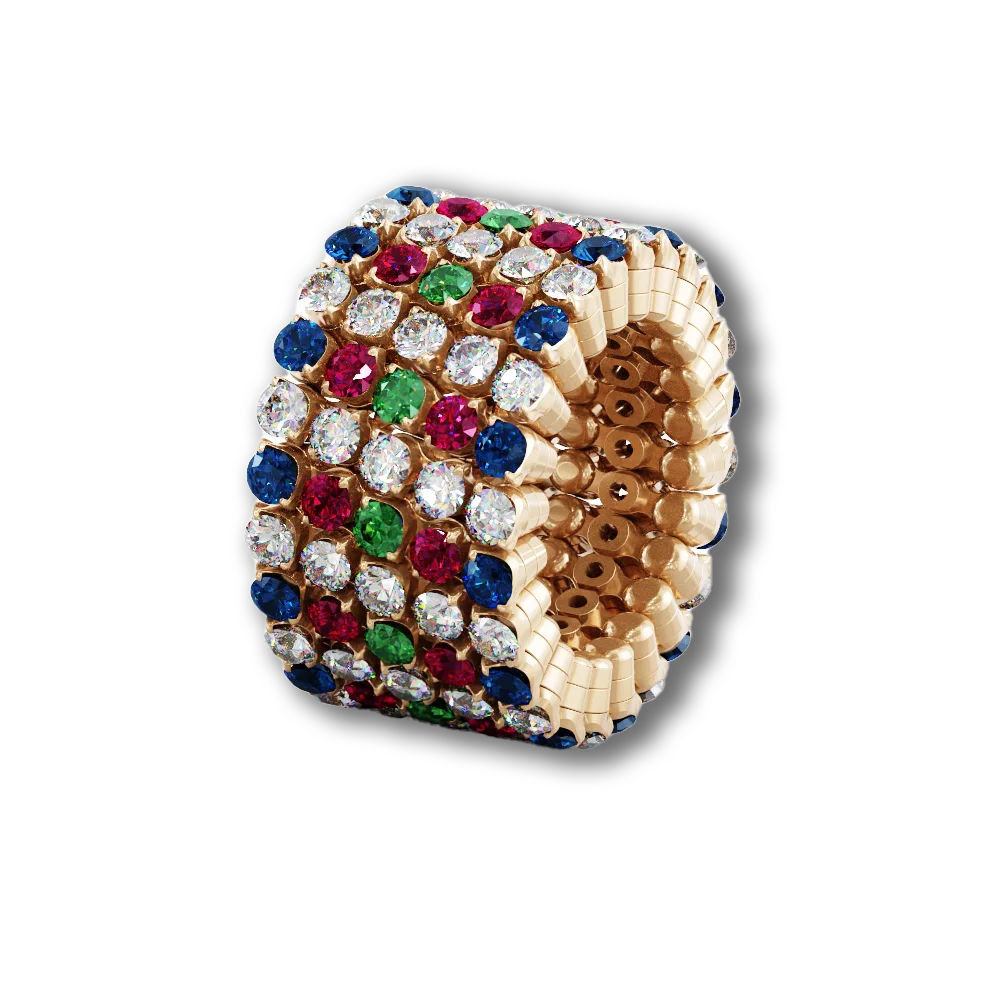 Ring Bracelet • 5 Reihen voll besetzt • Diamanten, Saphire, Rubine - Multicolor • Roségold