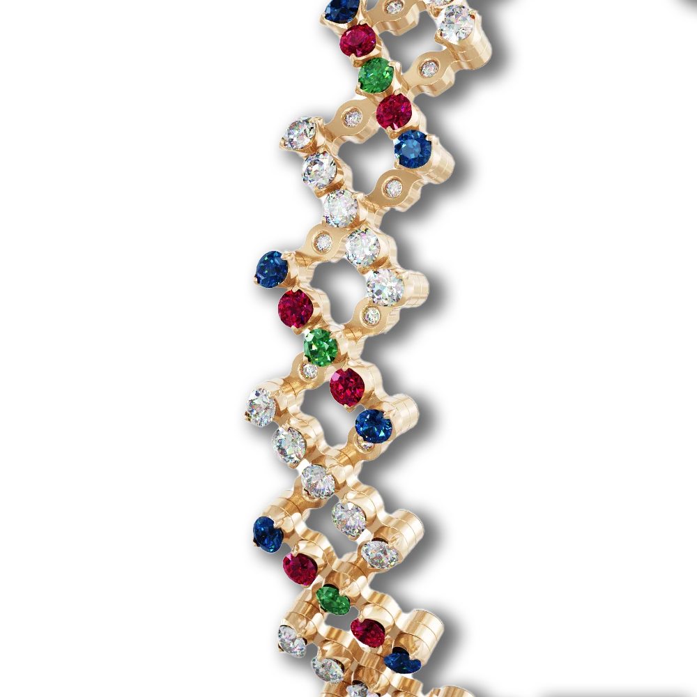 Ring Bracelet • 5 Reihen voll besetzt • Diamanten, Saphire, Rubine - Multicolor • Roségold