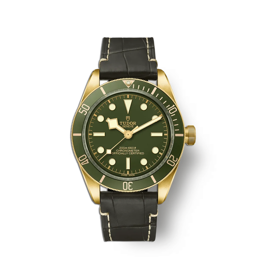 Luxuriöse Tudor Black Bay 58 18K – High-End Schweizer Herrenuhr aus massivem 18 Karat Gold mit Automatikwerk, grünem Zifferblatt, Lederarmband und Zusatzband, im Uhrengeschäft Schroll Tirol mit individueller Beratung und exklusivem Service erhältlich – perfekte Geschenkidee für Liebhaber edler Golduhren