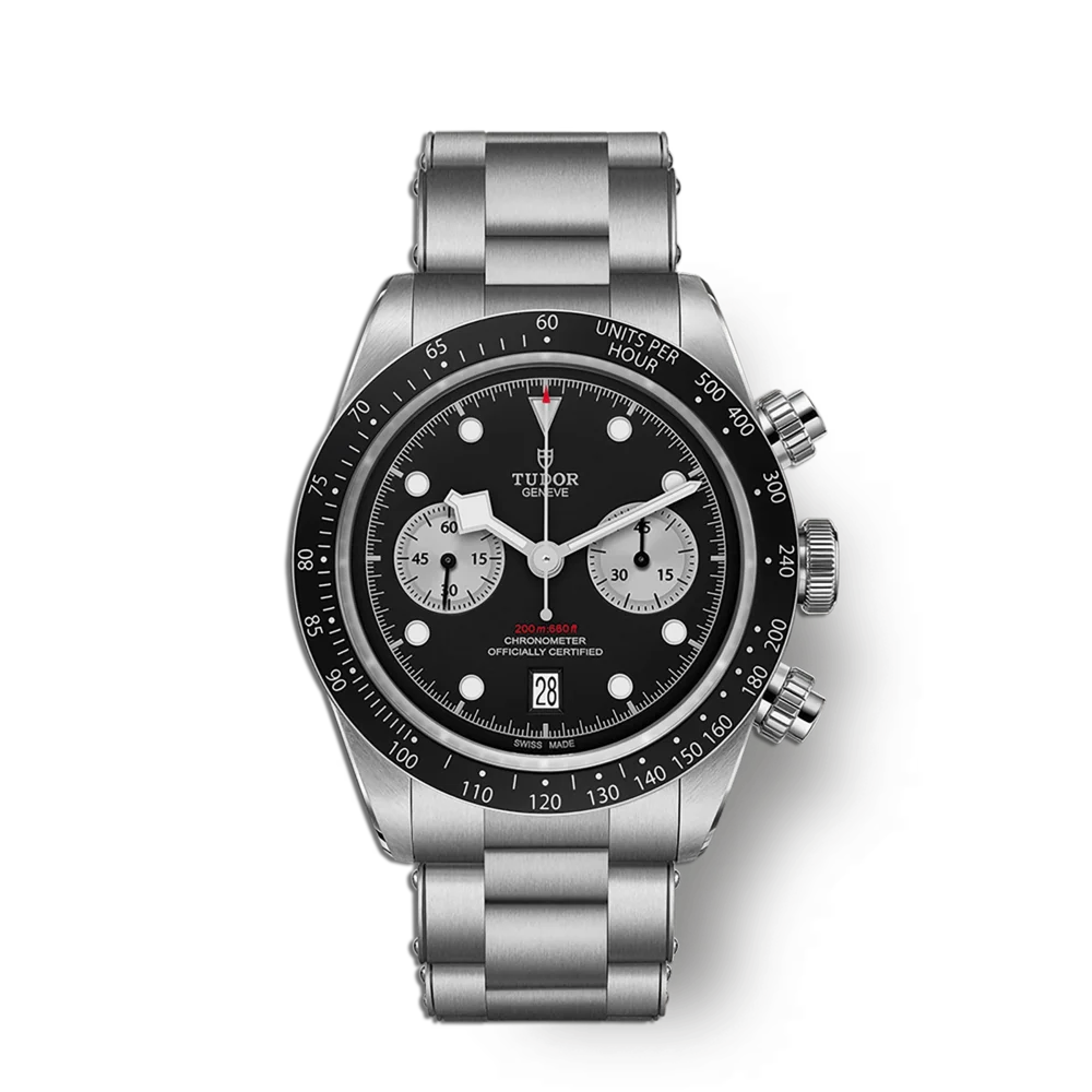 Premium Tudor Black Bay Chrono – Schweizer Luxuschronograph mit schwarzem Zifferblatt, Automatikwerk, Edelstahlarmband und sportlicher Eleganz, ideale Uhr für Uhrenliebhaber und Sammler, jetzt beim autorisierten Rolex Fachhändler Schroll Tirol Online Shop erhältlich