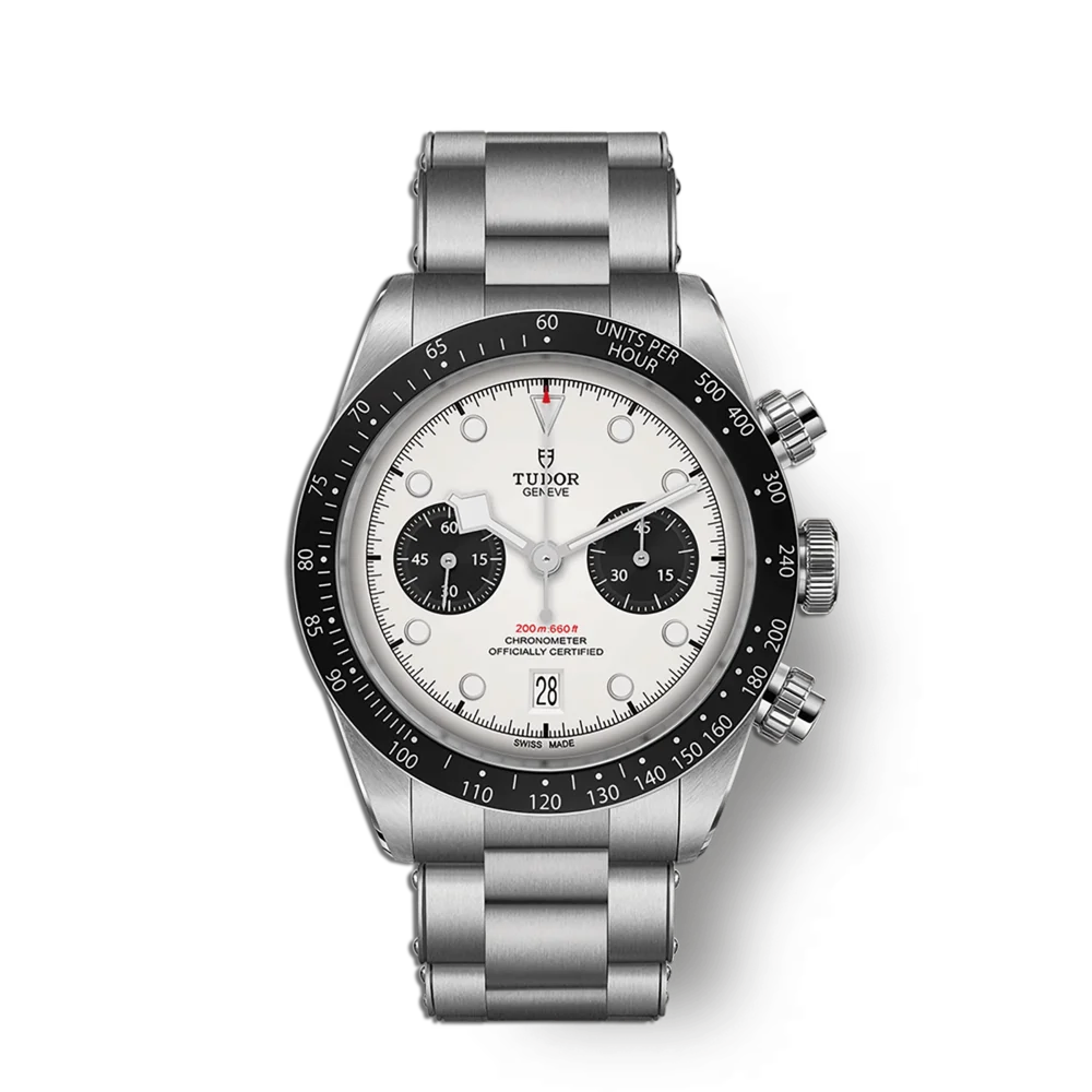 Exklusive Tudor Black Bay Chrono Automatik Herrenuhr – Edelstahlarmband, weißes Zifferblatt, Schweizer Präzisionsuhr mit Chronographenfunktion, Tachymeter und sportlichem Design, jetzt im Juwelier Schroll Tirol Online Shop entdecken
