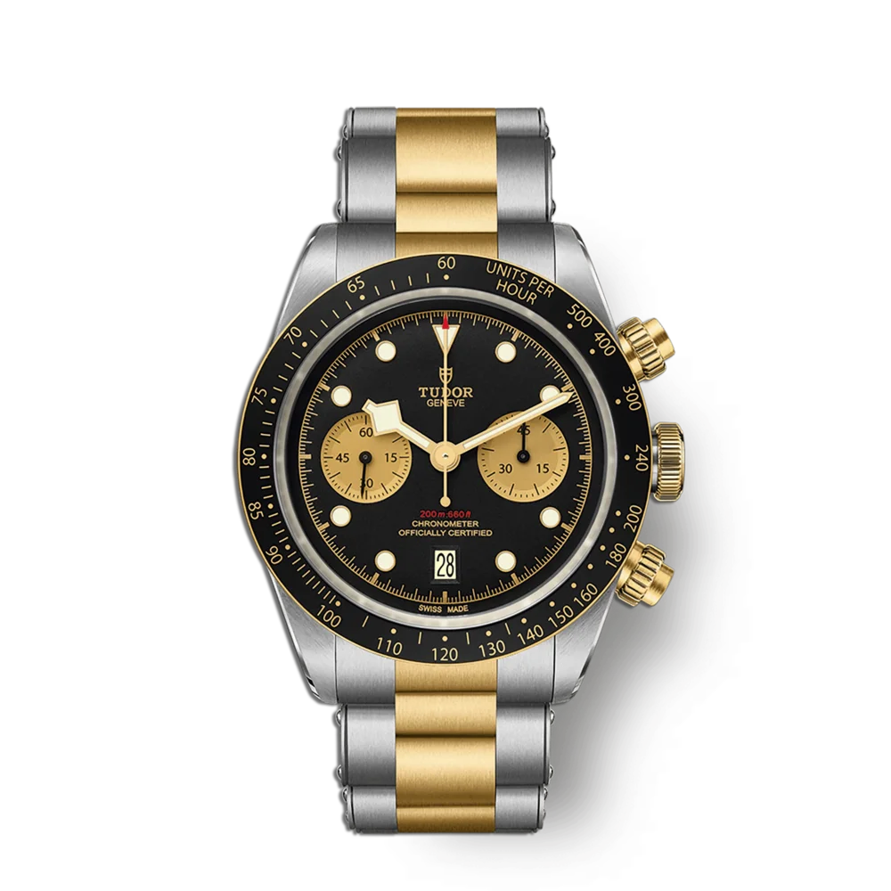 Premium Tudor Black Bay Chrono S&G – Luxuschronograph mit schwarzem Zifferblatt und Edelstahl-Gold-Band, Schweizer Automatik für höchste Ansprüche, jetzt im Juwelier Schroll Tirol Online Shop erhältlich