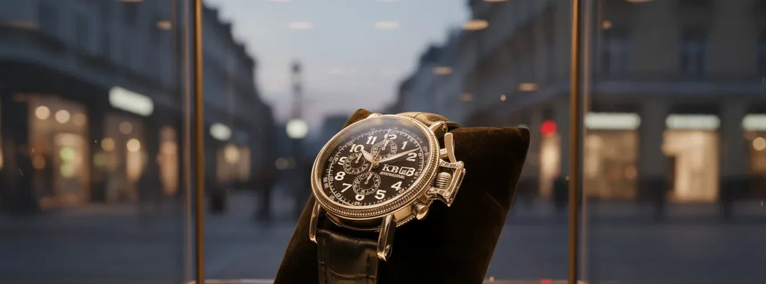 KB-Uhr Spezial Stoppwatch by Schroll Kitzbühel – Poliertes Edelstahlgehäuse mit roségoldenen Akzenten, schwarzes Zifferblatt mit weißen römischen Ziffern, handgearbeitetes Lederarmband, moderne Stoppfunktion und zeitlose Eleganz