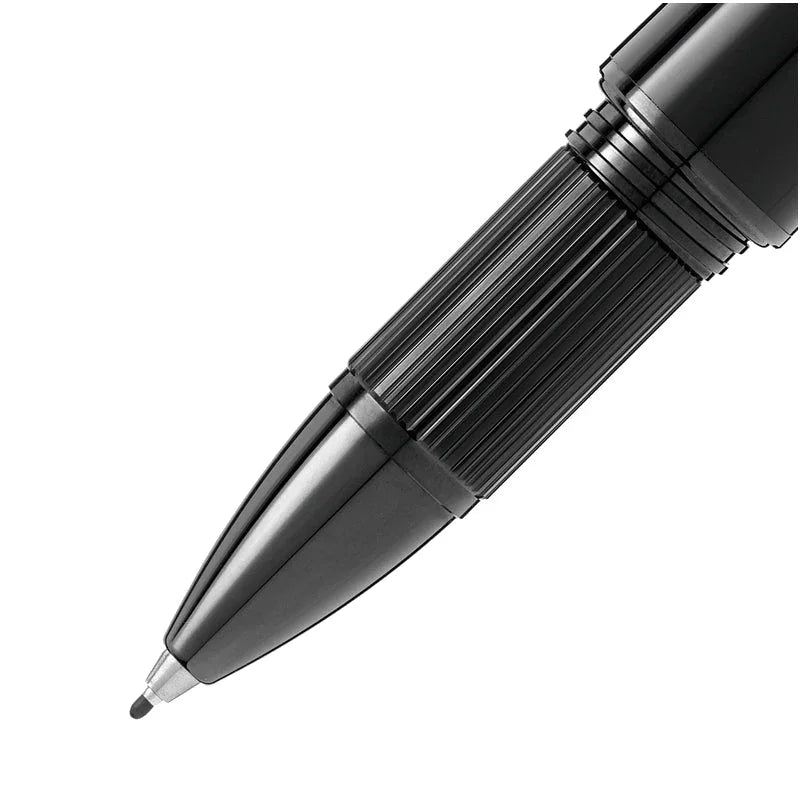 Detailansicht StarWalker BlackCosmos mit schwebendem Montblanc Emblem über grauer Kuppel für Luxus Schreibgerät Liebhaberinnen und Liebhaber