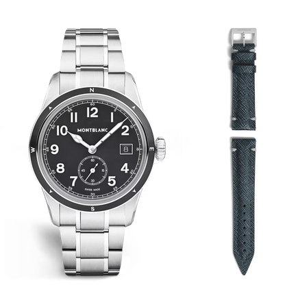 Montblanc 1858 Small Second 0 Oxygen am Handgelenk kompakte 38 mm Luxus Sportuhr mit kleiner Sekunde für anspruchsvolle Uhrenliebhaberinnen und Uhrenliebhaber mit Wechselarmband bei Montblanc Boutique Kitzbühel Tirol