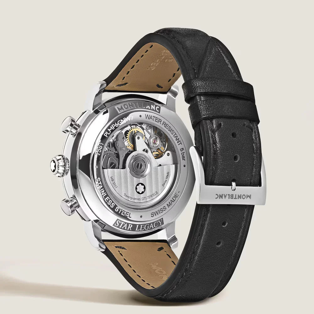 Offener Gehäuseboden Montblanc Star Legacy Chronograph 42 mm mit Montblanc Rotor hochwertige Schweizer Automatik Uhr sicher im Online Shop bestellen