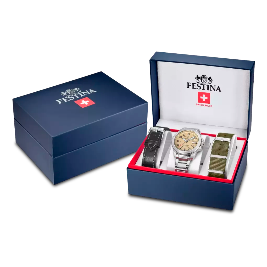 Detailansicht Festina Field Swiss Made Herrenuhr mit Superluminova und verschraubter Krone in Tirol