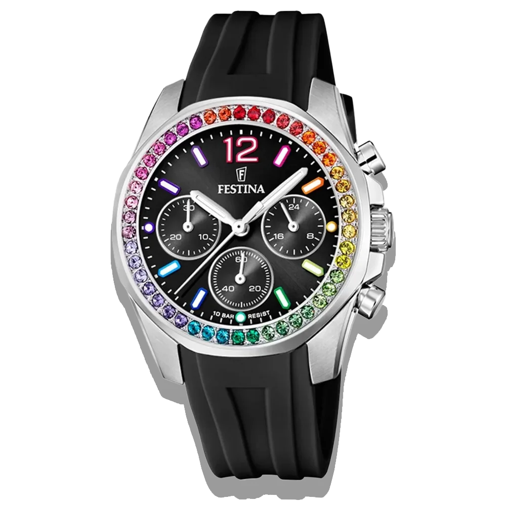 Festina Damen Uhr Boyfriend Rainbow F20610/1 Perlmutt, Kautschuk Armband