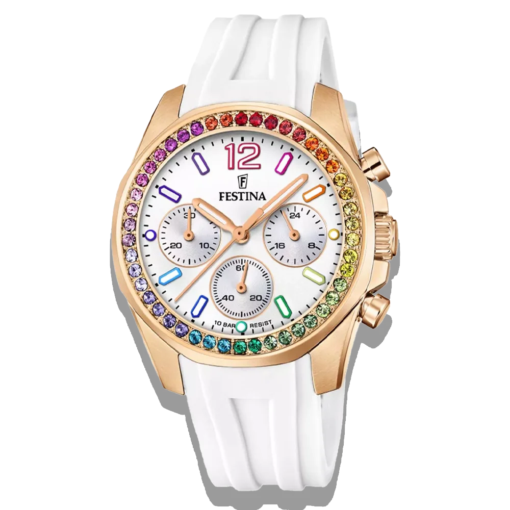 Festina Damen Uhr Boyfriend Rainbow F20611/2 Weiß, Kautschuk Armband