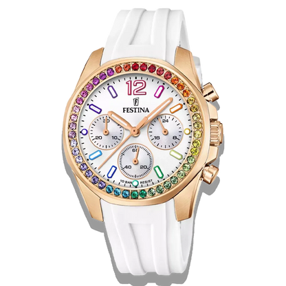 Festina Damen Uhr Boyfriend Rainbow F20611/2 Weiß, Kautschuk Armband