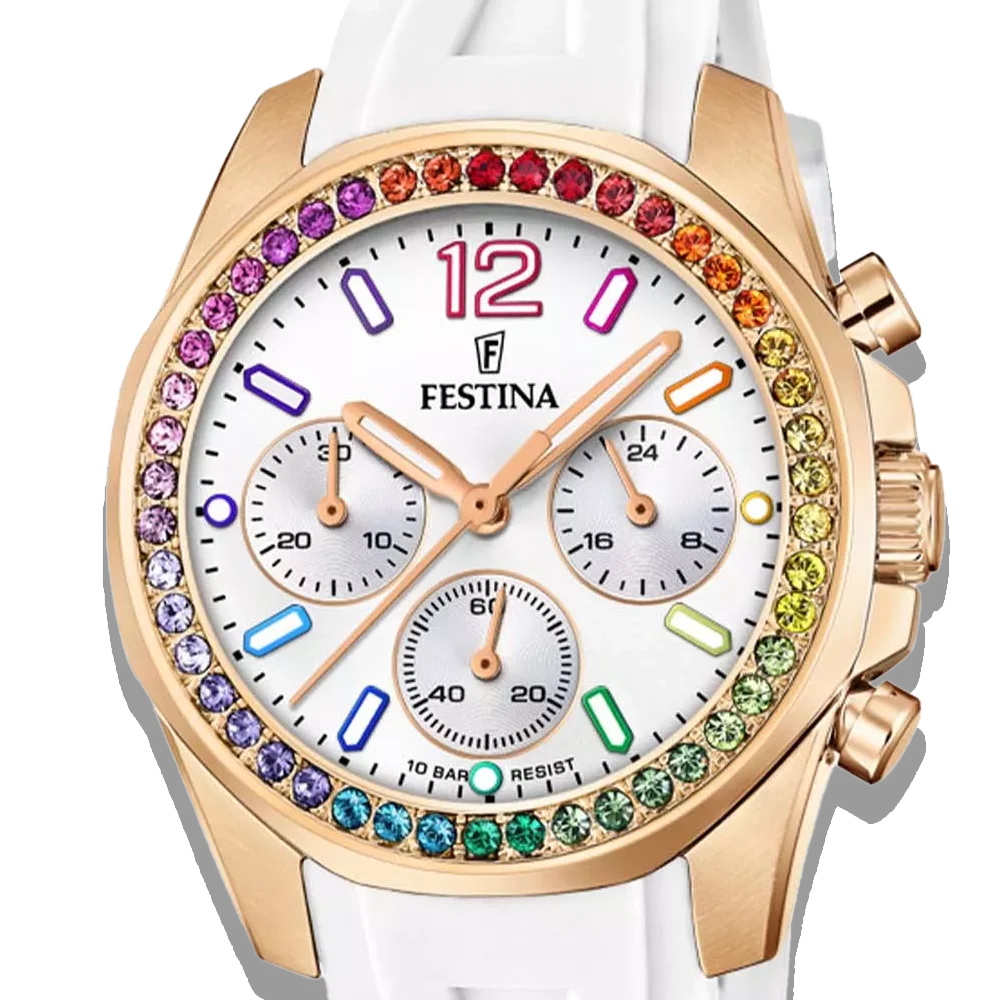 Festina Damen Uhr Boyfriend Rainbow F20611/2 Weiß, Kautschuk Armband