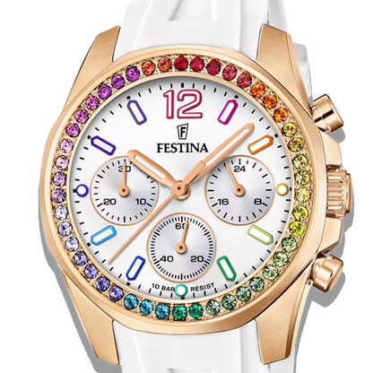 Festina Damen Uhr Boyfriend Rainbow F20611/2 Weiß, Kautschuk Armband