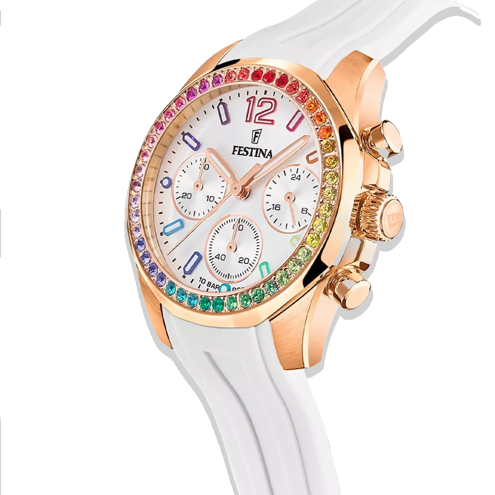 Festina Damen Uhr Boyfriend Rainbow F20611/2 Weiß, Kautschuk Armband