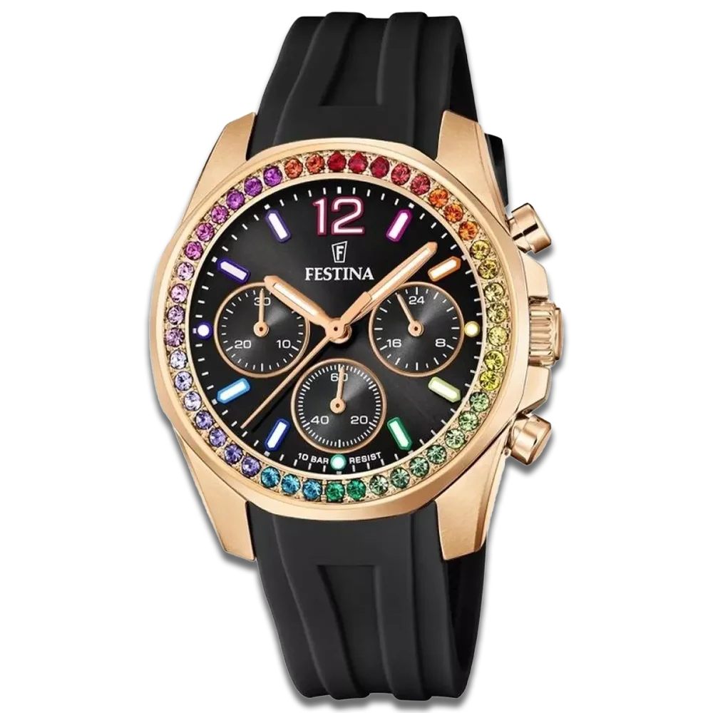 Festina Damen Uhr Boyfriend Rainbow F20611/3 Schwarz, Kautschuk Armband