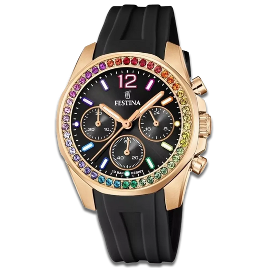 Festina Damen Uhr Boyfriend Rainbow F20611/3 Schwarz, Kautschuk Armband