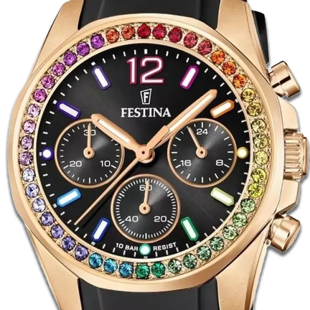 Festina Damen Uhr Boyfriend Rainbow F20611/3 Schwarz, Kautschuk Armband