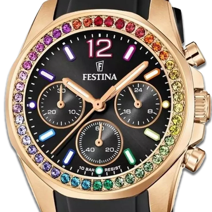 Festina Damen Uhr Boyfriend Rainbow F20611/3 Schwarz, Kautschuk Armband