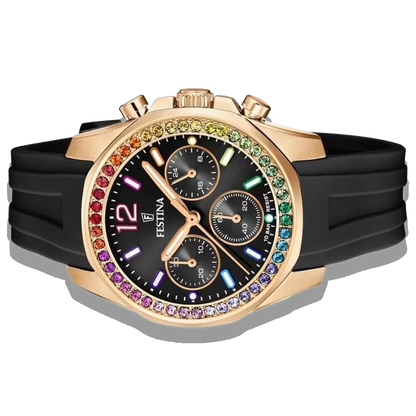 Festina Damen Uhr Boyfriend Rainbow F20611/3 Schwarz, Kautschuk Armband