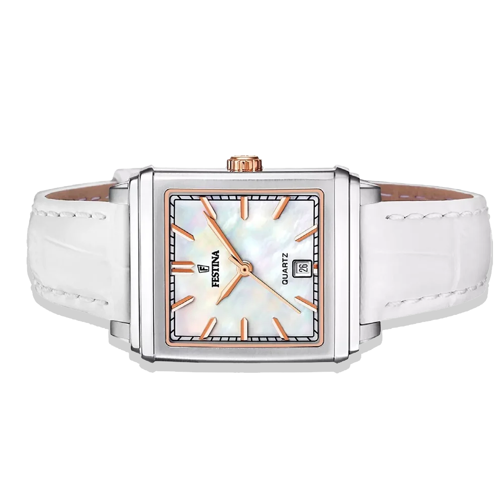 Festina Damen F20682/1 Perlmutt Weiß mit Lederarmband