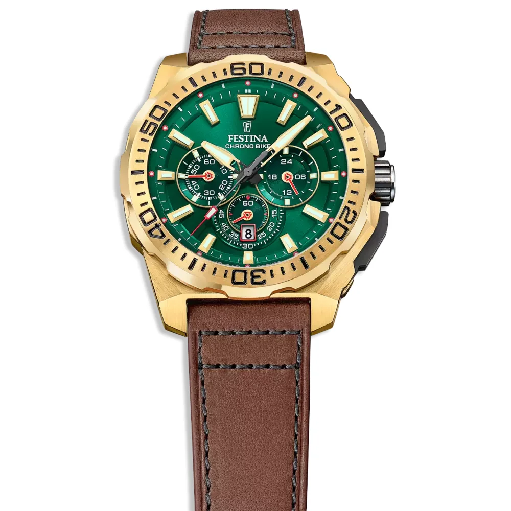 Festina Chrono Bike Chronograph grün – sportliche Herrenuhr mit Lederarmband bei Juwelier Schroll, Premium Edition 